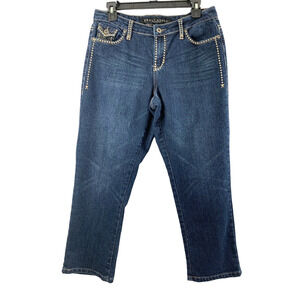 Salt Works Crop Jeans Womens 4 Mid Rise Embroidered Dark Wash Denim Flap Pockets